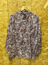 Vintage 80s floral leaves abstract pattern grey purple 100% silk long sleeve ugly party shirt size l